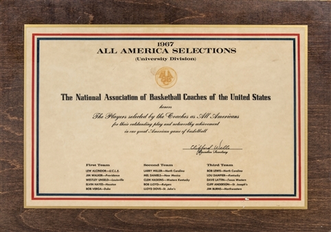 1967 All America Selections University Division Plaque Presented To Lew Alcindor (Abdul-Jabbar LOA)